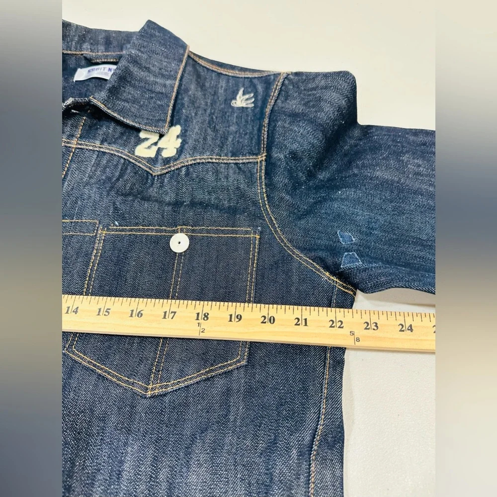 SABIT NYC Men's Denim Jacket Biker Patches‎ Embellished Blue L RARE